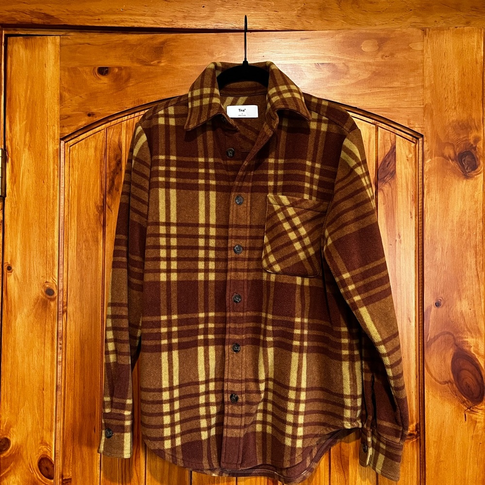 Aritzia Polar Button Up Brown and Yellow Fleece Plaid Shirt